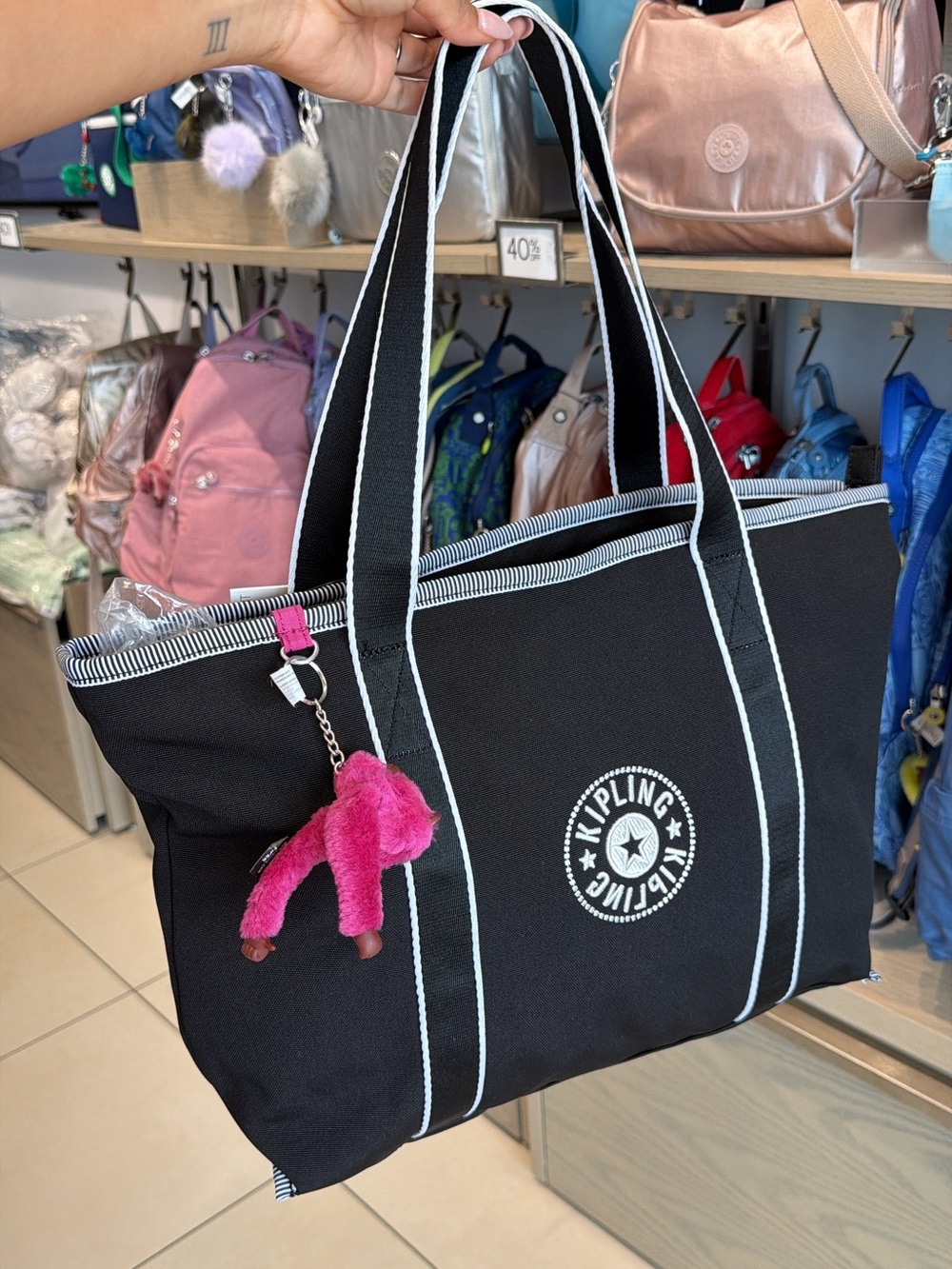 Kipling Black Canvas Tote with Pink Monkey Charm